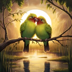 two parrots on a branch love birds 