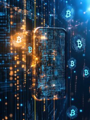 Aufkleber - Digital representation of cryptocurrency transactions with Bitcoin symbols and a futuristic smartphone interface, depicting blockchain technology.