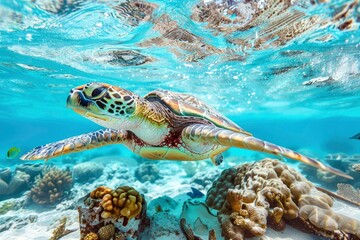 Scene of big turtle swimming in the ocean sea 