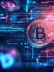 Poster - Futuristic bitcoin cryptocurrency digital representation with blockchain technology and glowing neon lights on a technological background.