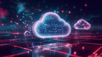 Poster - Futuristic digital cloud concept with glowing particles and vibrant colors representing cloud computing and data technology.