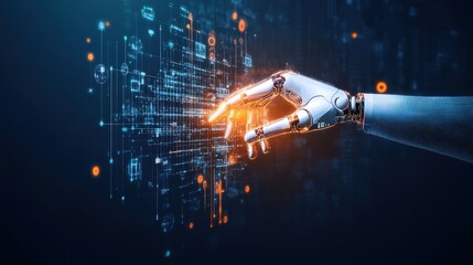 Aufkleber - Futuristic robotic hand interacting with digital interface, representing advanced technology, automation, and artificial intelligence.