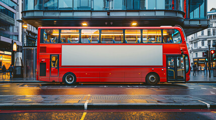 Red double-decker bus with blank advertisement space parked on city street with building in the background. Blank billboard for advertising. Generative AI