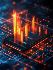 Aufkleber - Futuristic smartphone displaying glowing data visualization on a digital surface, representing modern technology and innovation.