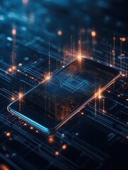 Aufkleber - Futuristic smartphone with blue neon lights on a digital circuit board, representing modern technology and connectivity.