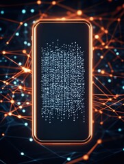 Fototapete - Futuristic smartphone with cyber data visualization, glowing neon connections, and network technology concept on black background.