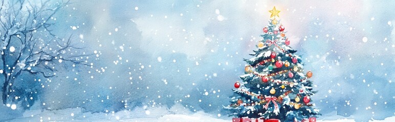 Wall Mural - Watercolor depiction of a decorated Christmas tree in a snowy setting