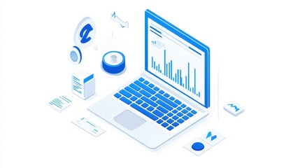 Isometric illustration of a laptop showing data analysis with charts, headphones, VR headset, and graphs, representing modern technology tools.