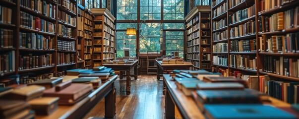 Wall Mural - A serene view of an old, well-organized library featuring wooden racks filled with a plethora of books, leading to sunlit windows with a picturesque outdoor scene