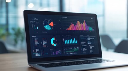 Leinwandbilder - Laptop displaying colorful charts and graphs, perfect for data analysis, business trends, and financial reports in a modern workspace.