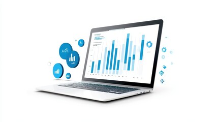 Poster - Laptop displaying data analytics and business growth charts, representing modern technology and digital market analysis on a white background.