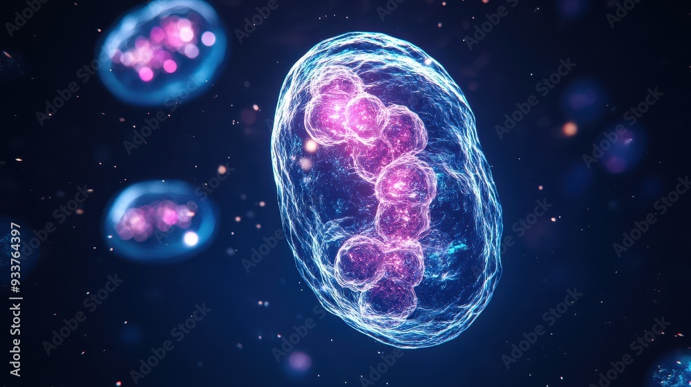 Microscopic view of a cell undergoing mitosis with vibrant colors ...