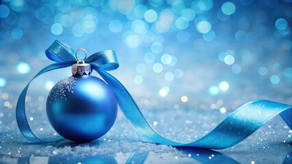 Aufkleber - Christmas background with a blue ornament and ribbon, Christmas, background, blue, ornament, ribbon, holiday, festive