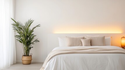 Canvas Print - Minimalist bedroom interior with white bed and plant.