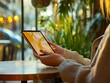 © VISUAL BACKGROUND - A woman sitting at a table using a tablet computer