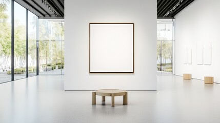 Poster - Modern art gallery with a large blank canvas displayed on the wall, minimalist decor, wooden bench in the center, and large windows.