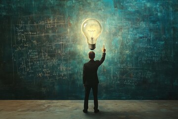 A man standing in front of a blackboard filled with mathematical formulas in 