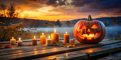 Poster - Jack-o'-lantern glowing with candles on a wooden platform during dawn, Halloween, spooky, decoration, autumn, rustic