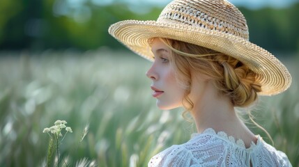 Wall Mural - Portrait of a young woman wearing a wide-brimmed straw hat, standing in a sunlit field of tall grass and wildflowers, showcasing a serene expression and soft natural light reflecting off delicate