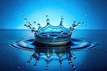 Wall Mural - water droplet splash in mini crown shape on bright blue background, nature, aqua, close-up, mini, is