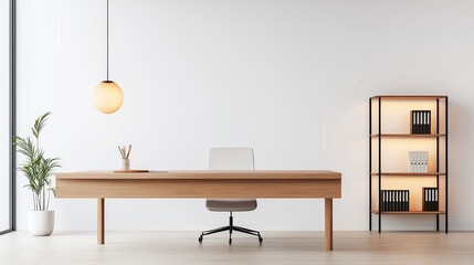 Poster - Minimalist Home Office with Wooden Desk and White Chair.