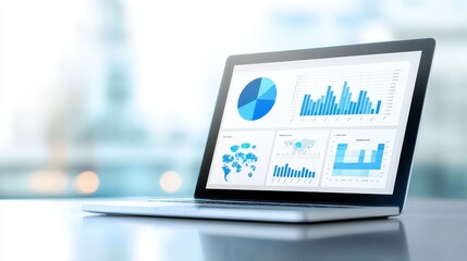 Poster - Open laptop displaying various business analytics, charts, and graphs on its screen in a modern office setting.