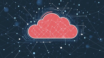 Aufkleber - red cloud illustration with interconnected lines on dark background, representing cloud computing an