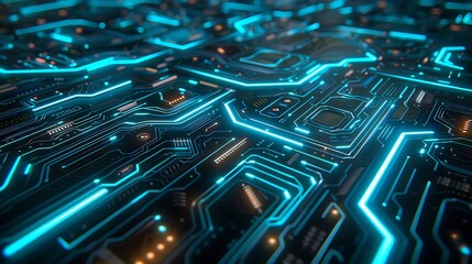 Futuristic circuit board design with glowing neon blue lines on a dark background realistic, highly detailed 8k