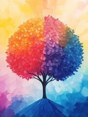 Poster - Colorful abstract tree in vibrant hues of red, orange, pink, and blue, blending beautifully in an impressionistic art style.