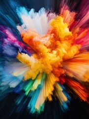 Aufkleber - Colorful explosion of vibrant powder in dark background creating dynamic abstract art with bright hues and dazzling visual impact.