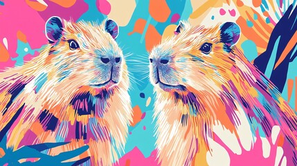 Wall Mural - Quirky capybaras with exaggerated features in a playful, abstract design on a bright background