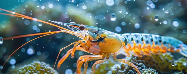 Wall Mural - Stunning close-up of a brightly colored shrimp underwater, surrounded by bubbles, showcasing its intricate details and vibrant aquatic environment