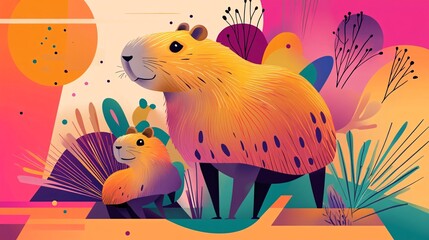 Capybaras in a playful, cartoonish style with abstract shapes on a soft gradient background