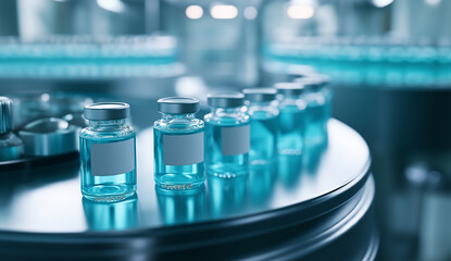 This image features a collection of glass vials filled with blue liquid arranged on a metallic surface, representing pharmaceutical manufacturing in a laboratory setting.