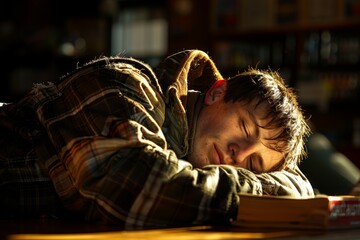 Wall Mural - A young person wearing a plaid jacket is peacefully sleeping with their head rested on a book, illuminated by warm sunlight in a cozy, indoor setting