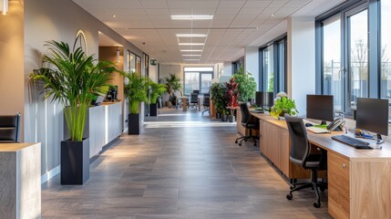 Wall Mural - modern office interior with open workspace featuring large windows, abundant natural light, contempo