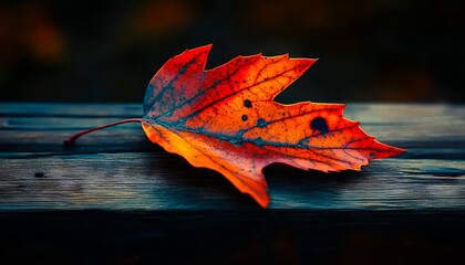 Wall Mural - A single red leaf sitting on top of a wooden table