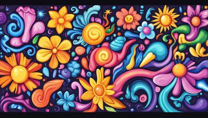 Poster - Vibrant abstract floral illustration filled with colorful and whimsical flowers and swirls, perfect for various artistic and decorative uses.