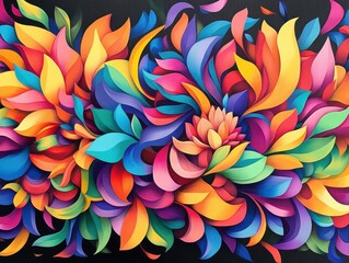 Poster - Vibrant abstract floral artwork with colorful petals in various shapes and gradients on a dark background.