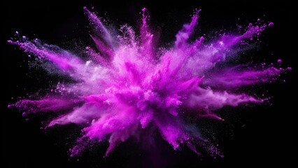 Poster - Purple color powder explosion cloud on black background with purple dust particles splash, Purple, color