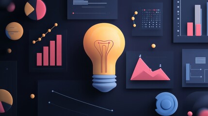 Aufkleber - A glowing light bulb surrounded by various 3D data charts and graphs, symbolizing data-driven innovation, analysis, and creative solutions.

