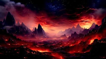 Epic Galactic Fantasy Landscape: Explore a Fiery Planet with Dramatic Terrain and Otherworldly Beauty in This Stunning Sci-Fi Visual.
