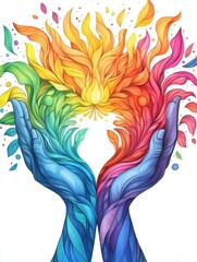 Poster - Vibrant illustration of two hands in blue and purple hues holding a colorful flame, symbolizing creativity, energy, and artistic expression.