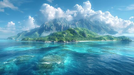 Sticker - Tropical Island Landscape with Lush Greenery and Blue Ocean - 3D Illustration