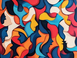 Poster - Abstract colorful artwork depicting a multitude of human faces in overlapping shapes, creating a vibrant and dynamic composition.