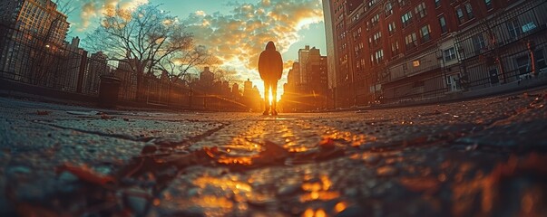 Wall Mural - Silhouette of a person standing on a city street at sunrise with tall buildings, bare trees, and vibrant sky colors reflecting on the wet pavement