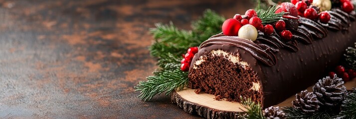 Delicious Chocolate Yule Log Cake with Festive Decorations - A close-up of a chocolate yule log cake decorated with red berries, pine sprigs, and white chocolate balls, symbolizing Christmas cheer, ho