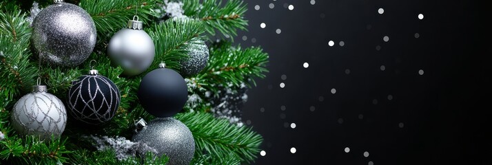 Poster - Elegant Silver and Black Christmas Tree Ornaments with Snowfall - A close-up of a Christmas tree adorned with silver and black ornaments, with a snowy background, symbolizing elegance, festivity, wint