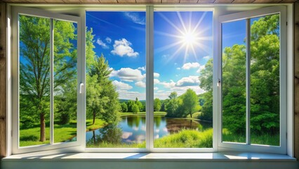 Sparkling clean clear glass window with a subtle reflection, allowing an unobstructed view of the serene outdoor scene with lush green trees and blue sky.