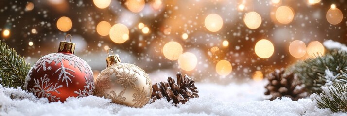 Poster - Festive Christmas Ornaments in Snowy Landscape with Bokeh Lights - A red and gold Christmas ornament rest in the snow, surrounded by pine branches and pine cones. The background is blurred with warm b